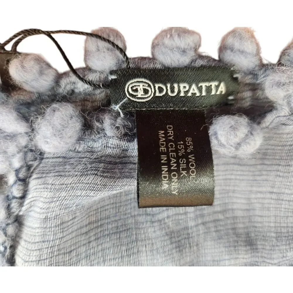 Dupatta‎ Orabella scarf wool silk blend NWT fringe pom pom blueish gray